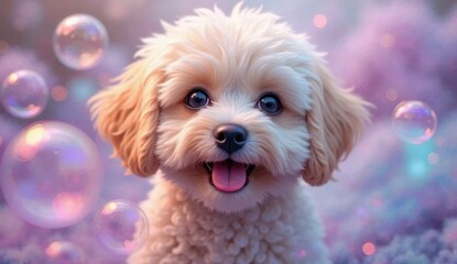 Fluffy Maltipoo Puppy's Joyful Smile in a Magical Pastel Bubble Dreamscape