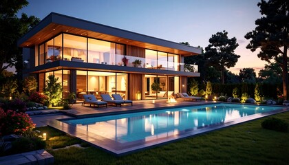 Fototapeta premium Modern house with pool at twilight (6)
