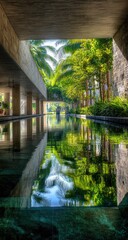 Fototapeta premium Concrete walkway, reflecting pool, lush greenery