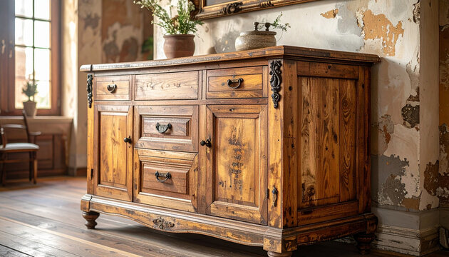 Rustic Wooden Cabinet with Decorative Vase and Candlestick