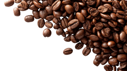 Fresh roasted coffee beans spilling on a white background, ideal for beverage promotions and culinary themes.