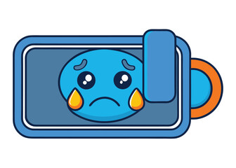 Naklejka premium Funny cartoon low battery icon sad crying face expressing empathy for device power issues vector