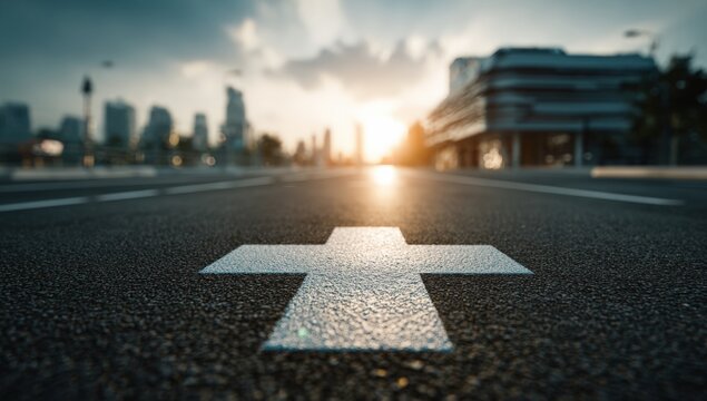 Urban road with cross; sunset