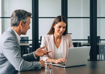 Fototapeta premium Business discussion at the office: Two professionals, a man and woman, are engaged in a focused business discussion around a laptop at a modern office.