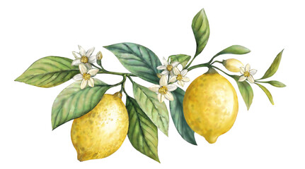 Watercolor illustration of a lemon branch with vibrant yellow lemons and white blossoms against a white background
