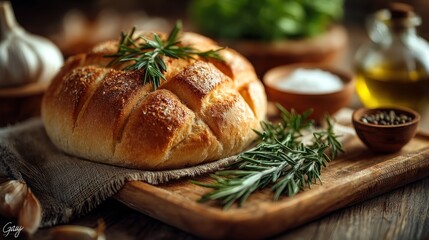 Rustic loaf with fresh rosemary on a wooden board with herbs and spices