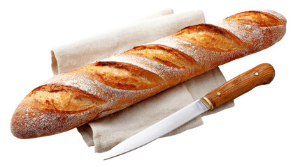 Freshly baked baguette with a knife on a cloth napkin, ideal for culinary presentations.