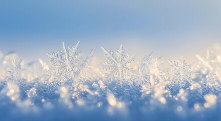 Crystal Formation: A close-up view reveals the delicate beauty of individual snowflakes, frozen in time and showcasing their intricate, symmetrical patterns amidst a soft, cool light.