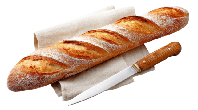 Freshly baked baguette with a knife on a cloth napkin, ideal for culinary presentations.