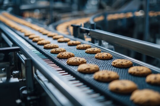 Freshly baked cookies moving on a conveyor belt in a food factory
