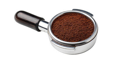 Freshly ground coffee in a portafilter, perfect for espresso preparation on a white isolate background.