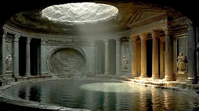 Ancient Roman Bath with Columns, Pool, and Natural Light Streaming Through the Ceiling