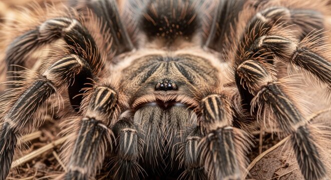 Extreme close-up of tarantula spider with hairy legs and detailed face