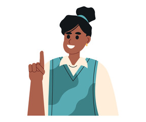 young woman in a suit pointing upwards with index finger, giving instructions	
