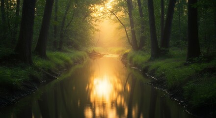 Obraz premium Forest Stream Bathed in Golden Sunlight
