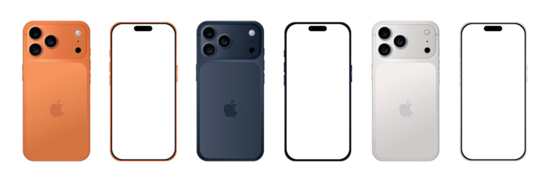 Mockup of an iPhone 17 Pro Max, in all color. iPhone screen mockup with green screen on the front, transparent, and phone back with orange, deep blue and silver.	
