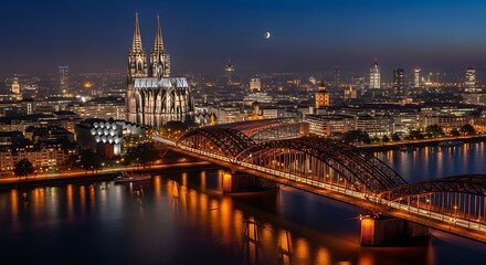 Fototapeta premium Night view of Cologne Cathedral and city skyline over Rhine River.