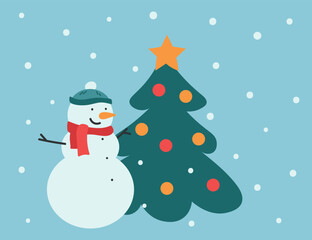 snowman with christmas tree  in a cute hand-drawn flat style