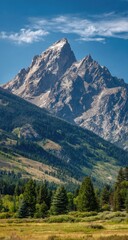 Fototapeta premium Majestic mountain peak with snow, green valley & blue sky. Forest in foreground