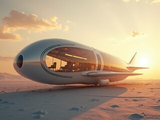 Fototapeta premium Futuristic aircraft design parked on a desert landscape during sunset, showcasing modern architecture