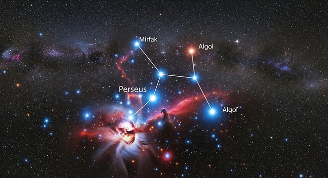Perseus Constellation with Labeled Stars Over a Colorful Nebula.