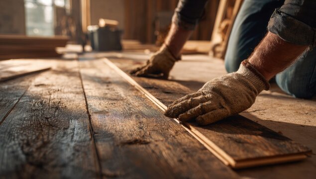 Hands installing wooden flooring