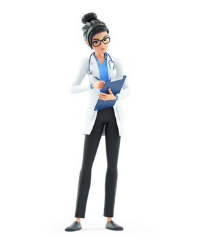 3d cartoon female doctor writing on a notebook