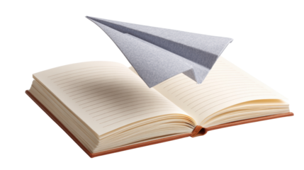 Open book with paper airplane flying above, white isolate background.