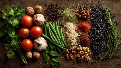 Fresh produce and spices arranged on a rustic surface
