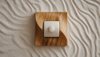 Wooden light switch on sand, zen design, minimalist