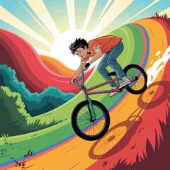 Fototapeta premium Boy on aBMX bike riding down a colorful, wavy landscape with trees child