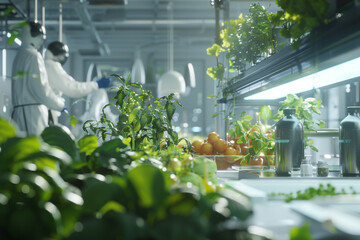 A futuristic food lab with scientists using AI tools to create new sustainable food products from plant-based ingredients