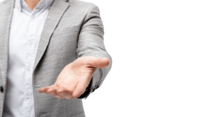 Professional man extending hand for handshake, white isolate background