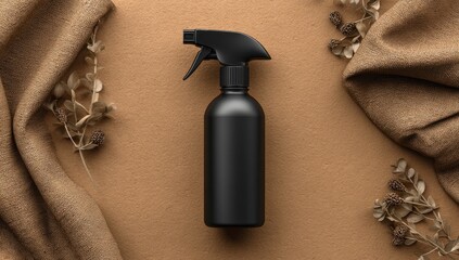 Black spray bottle mockup, fabric, autumnal background, product display