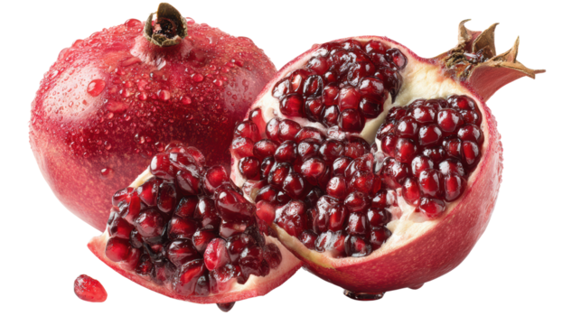 Pomegranate, split open to reveal juicy seeds, isolated on a white background.