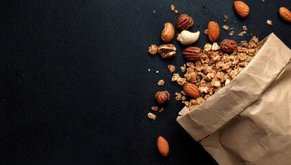Granola spilling from brown paper bag onto dark surface