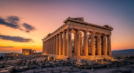 Obraz premium Parthenon temple on the Acropolis of Athens, Greece, at sunset.