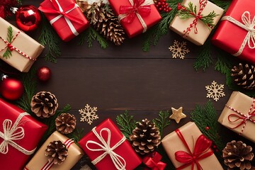A Festive Christmas Arrangement of Gifts, Ornaments, and Natural Elements Creates a Stunning Holiday Border on a Dark Wooden Surface.
