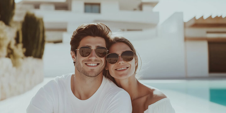 Happy couple wearing sunglasses share romantic moment beside luxurious swimming pool.