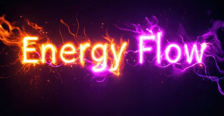 Bright text reads Energy Flow. Vivid purple, orange hues create dynamic, glowing effect. Dark background emphasizes luminosity.