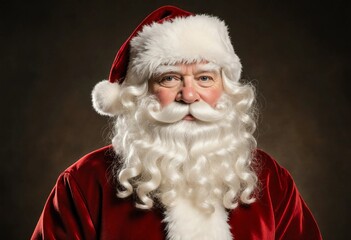 Naklejka premium A cheerful Santa Claus poses with a bright smile, wearing a traditional red suit with fluffy white trim, embodying the spirit of Christmas and New Year celebrations Generative AI