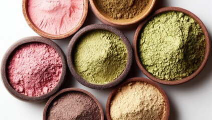 Colorful powders in wooden bowls, healthy food concept