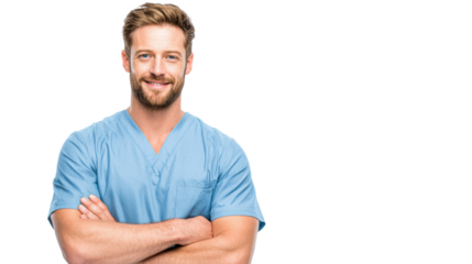 Smiling male nurse in blue scrubs with arms crossed, isolated on white background.