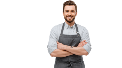 Smiling male chef in gray apron, arms crossed, standing against white background.