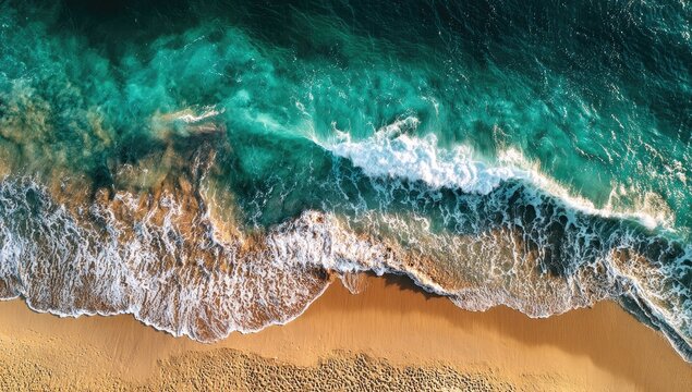 Aerial view ocean waves crashing sandy beach, sunset (1) - Powered by Adobe