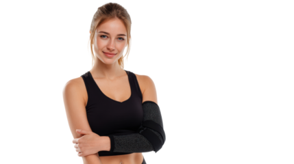 Smiling woman in activewear with an arm brace, promoting a healthy and active lifestyle.