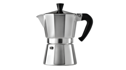 Stainless steel moka pot on white isolated background for brewing coffee.