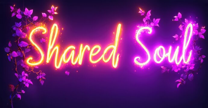 Bright neon text reads Shared Soul surrounded by floral vines. Purple background creates vibrant, glowing effect. Romantic, dreamy aesthetic.