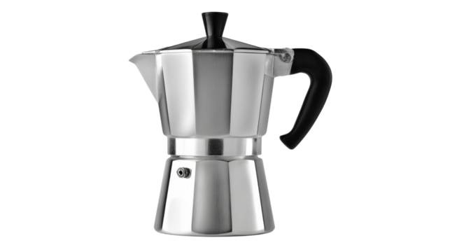 Stainless steel moka pot on white isolated background for brewing coffee.