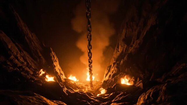 Fiery chasm illuminated by a descending chain, engulfed in flames.